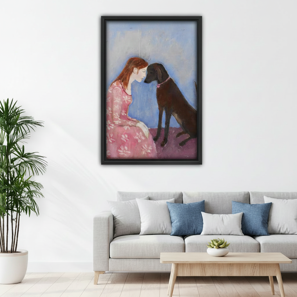 Oil painting style woman and black dog framed wall art above gray sofa in cozy living room — pet lover decor