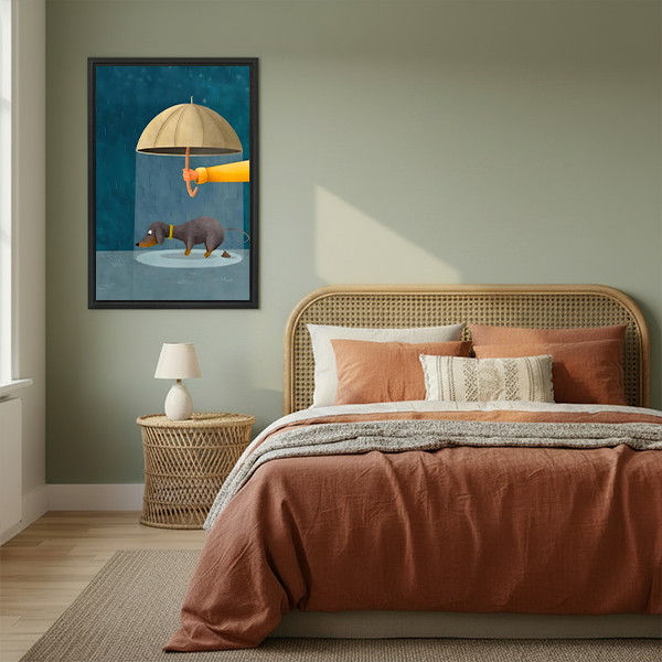 Dachshund sheltered by umbrella in rainy night funny illustration framed wall art above rattan bed in sage green boho bedroom