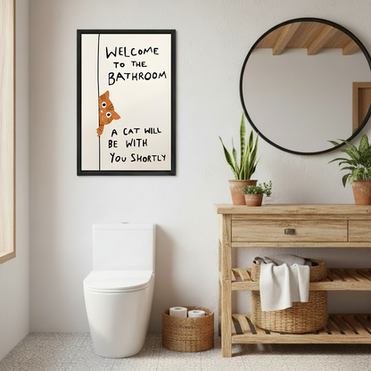 Funny cat welcome to the bathroom framed canvas wall art in boho bathroom – orange cat print with wood vanity