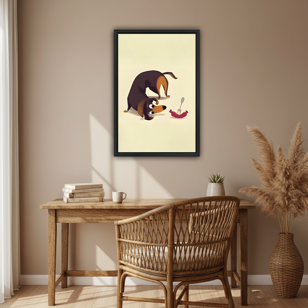 Funny dachshund framed wall art print beside rattan chair and wooden desk – whimsical pet illustration in warm boho home office