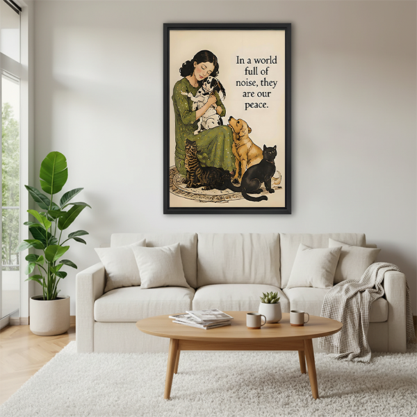 Woman in green floral dress sitting on rug holding dalmatian puppy with yellow labrador black cat and tabby cat beside her vintage watercolor illustration with they are our peace quote framed wall art hung on white wall above cream sofa with round wooden coffee table succulent mug and grey throw blanket