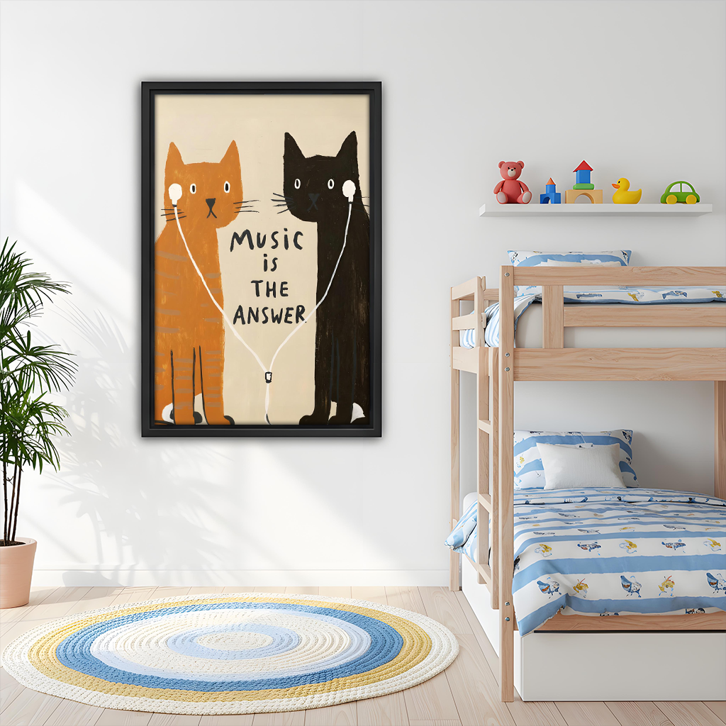 Music cat pop art wall print in black frame decorating bright kids bedroom with bunk bed and colorful rug