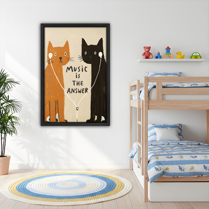Music cat pop art wall print in black frame decorating bright kids bedroom with bunk bed and colorful rug