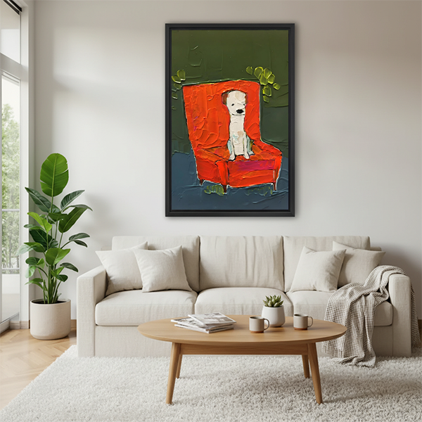 Dog on red armchair bold impasto style framed canvas wall art above cream sofa in bright modern living room with round coffee table and throw blanket
