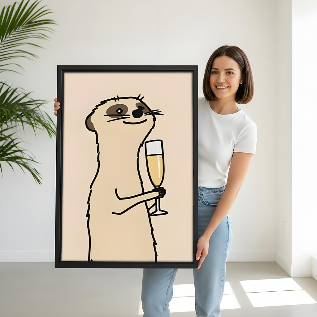 Minimalist meerkat line art canvas wall art framed in black hanging above a grey sofa with blue cushions