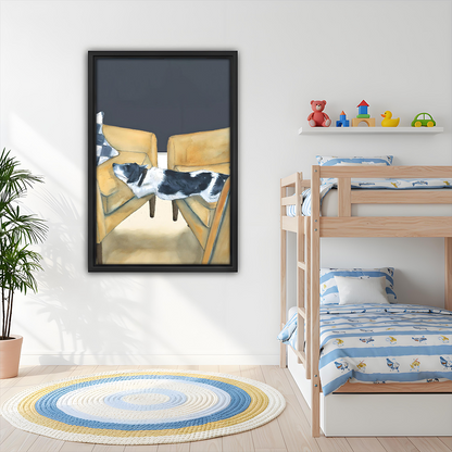Funny dog animal wall art print in black frame decorating bright kids bedroom with bunk bed