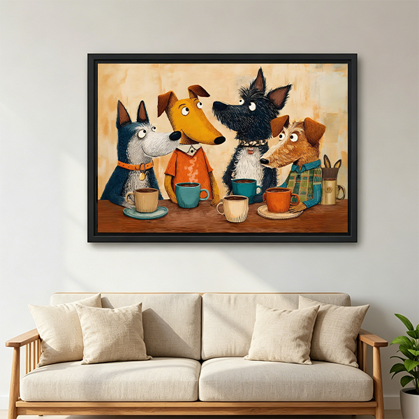 Whimsical dog coffee art canvas print living room wall decor vintage cartoon painting