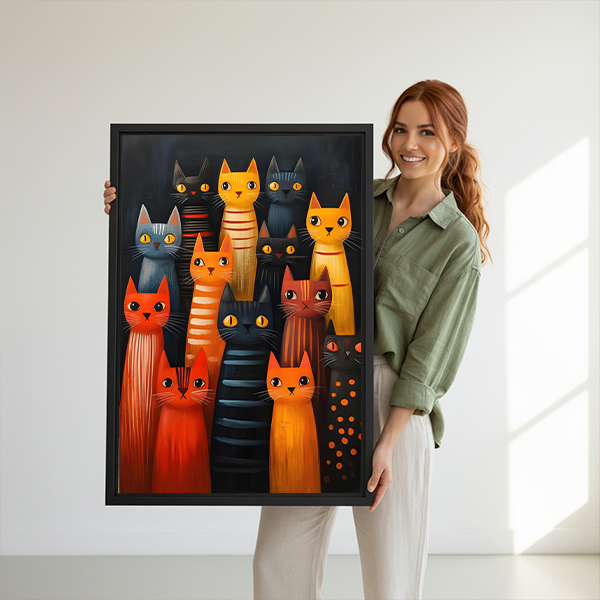 Framed colorful cat canvas wall art displayed above a cream sofa in a bright living room