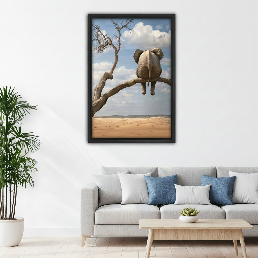 Surreal elephant sitting on tree branch funny desert framed canvas wall art above sofa in living room
