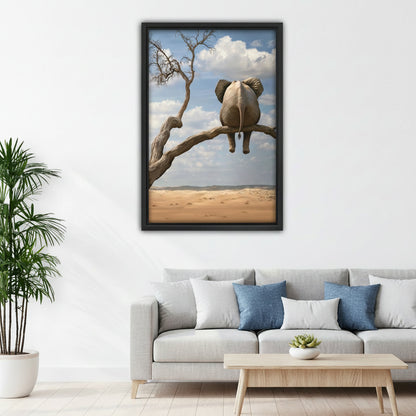 Surreal elephant sitting on tree branch funny desert framed canvas wall art above sofa in living room