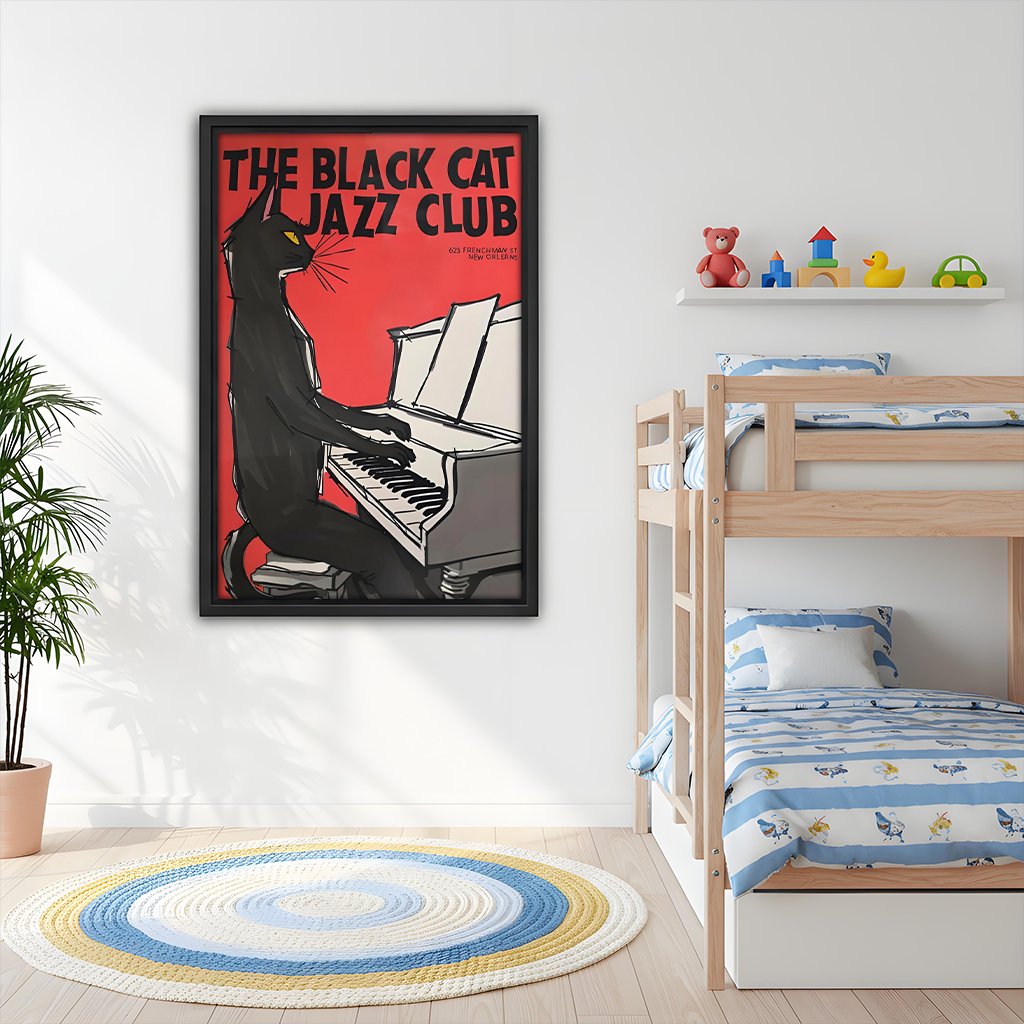 Vintage black cat jazz piano retro poster framed print – kids bedroom bold music wall art