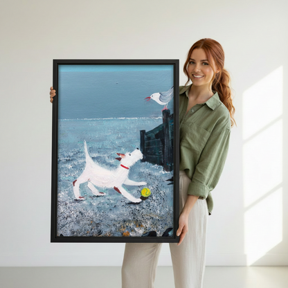 Woman holding coastal white dog chasing seagull framed canvas beach wall art — whimsical oil painting print