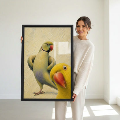 Woman Holding Colorful Parrots Framed Wall Art – Oil Painting Style Green Yellow Parrot Print Size Display