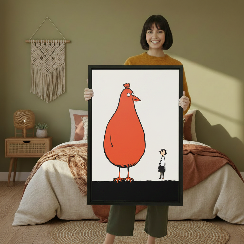 Quirky Giant Chicken Human Art Framed Wall Print – Funny Minimalist Illustration for Bedroom Decor