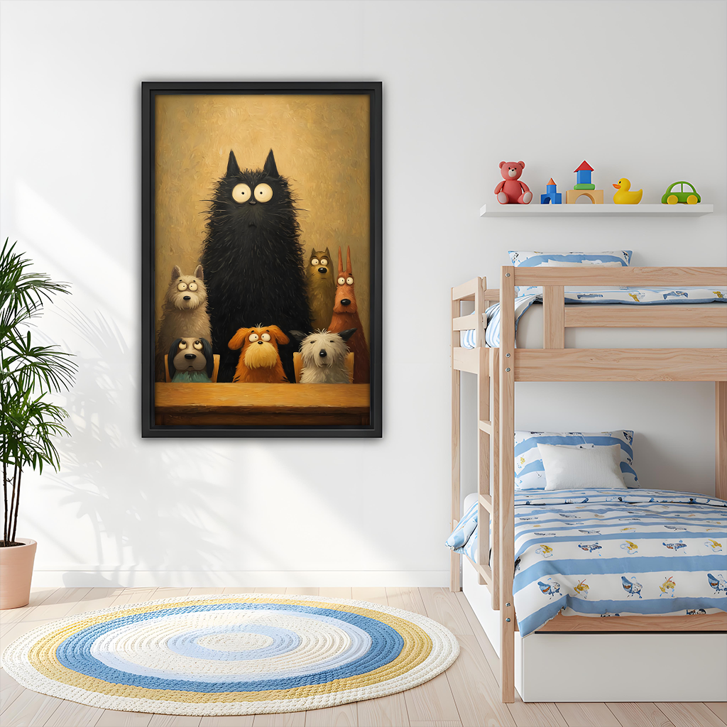 Funny big cat surrounded by dogs vintage oil painting framed wall art in kids bedroom, whimsical animal decor