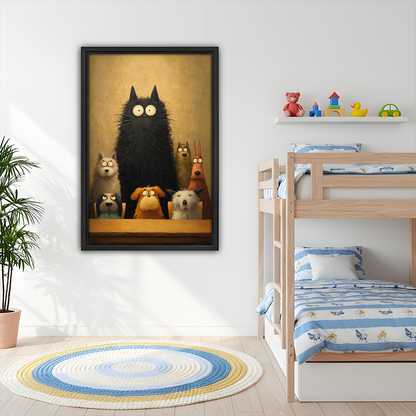 Funny big cat surrounded by dogs vintage oil painting framed wall art in kids bedroom, whimsical animal decor