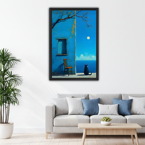 Black cat by moonlit sea blue wall framed canvas wall art above sofa, dreamy atmospheric painting for modern living room decor