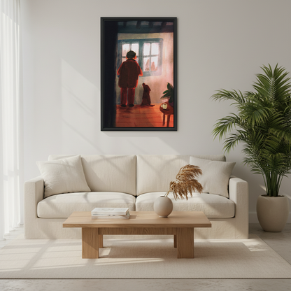 Man and dog at window vintage framed wall art hung above cream sofa with palm plant in minimalist Scandinavian living room