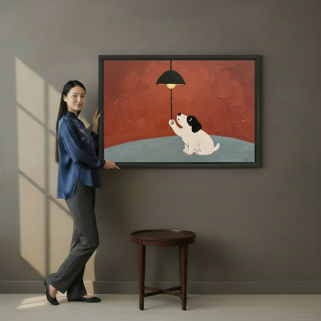 Cute Puppy Looking at Lamp Framed Poster – Whimsical Modern Wall Art for Home and Office