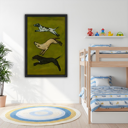 Three dogs leaping art print in kids room – olive green framed wall decor