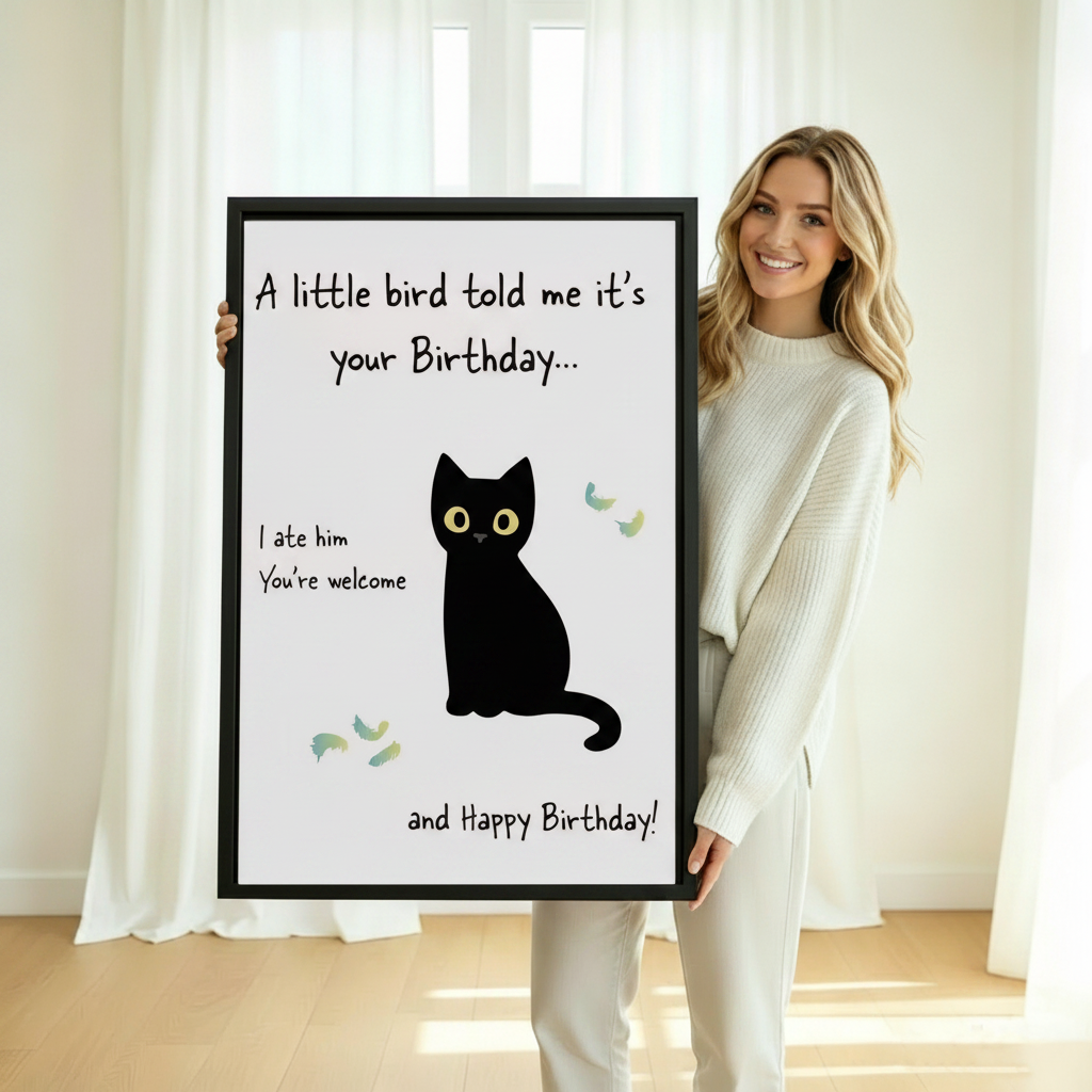 Funny cat quote framed wall art held by woman — unique birthday gift print