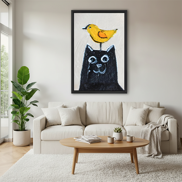 Whimsical cat bird framed wall art canvas print living room sofa decor bold brushstroke