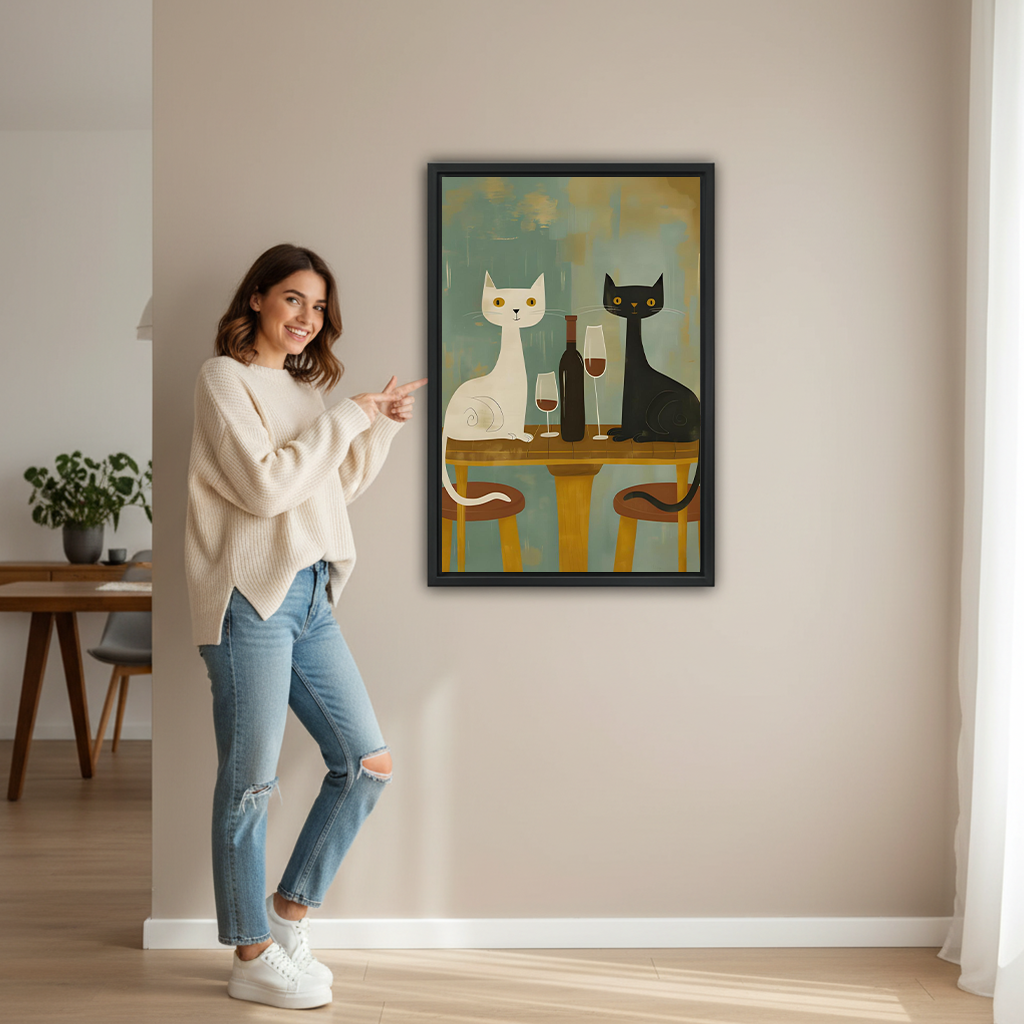 Whimsical Cat Wine Canvas Wall Art | Framed & Unframed l4158