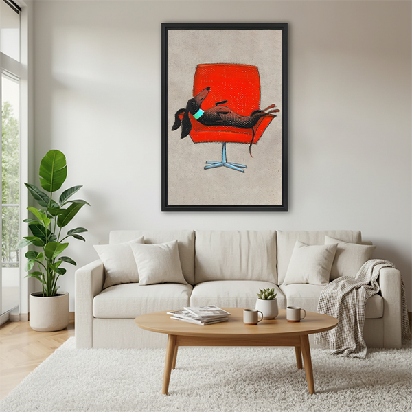 Dachshund red chair mid-century modern framed canvas wall art above cream sofa in bright Scandinavian living room with coffee table