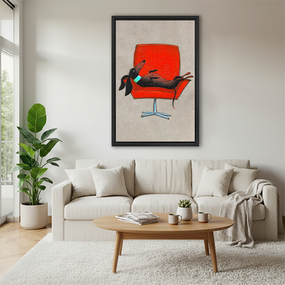 Dachshund red chair mid-century modern framed canvas wall art above cream sofa in bright Scandinavian living room with coffee table