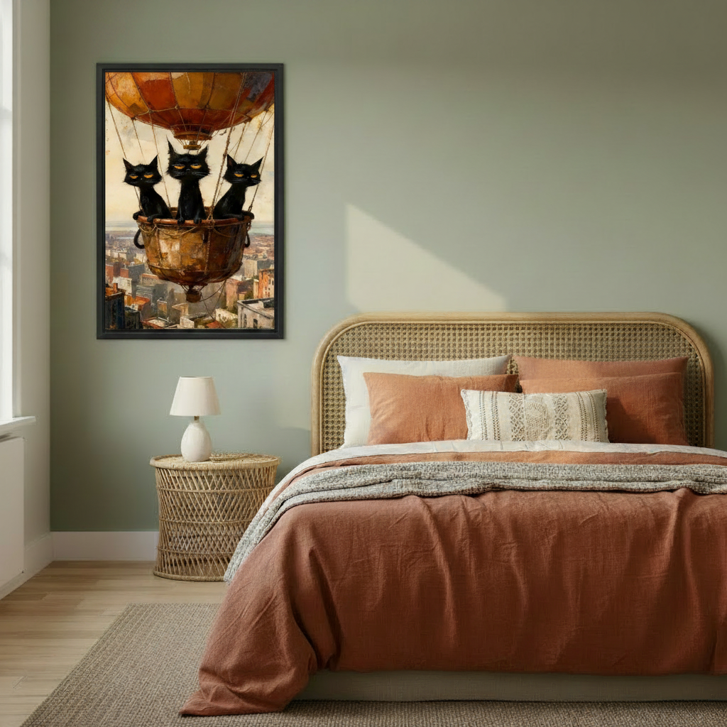 Black cat hot air balloon framed canvas art in sage green bedroom, vintage wall decor