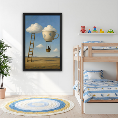 Whimsical fantasy cat balloon wall art print in kids bedroom, surreal nursery decor