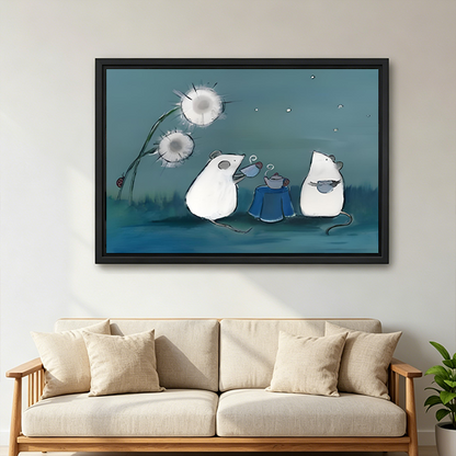 Whimsical night illustration framed canvas wall art of two white mice having a tea party under a dandelion glow, cozy teal tones, modern living room sofa wall decor
