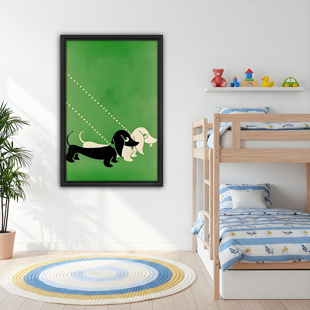 Retro dachshund duo minimalist green framed print – kids bedroom playful dog wall art