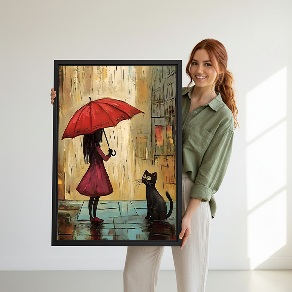 Woman holding framed red umbrella girl and black cat canvas wall art depicting a whimsical rainy street.