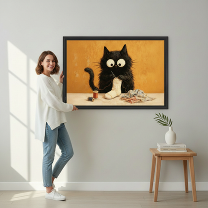 Whimsical Framed Black Cat Knitting Print – Unique Cat Lover Wall Art Gift Idea