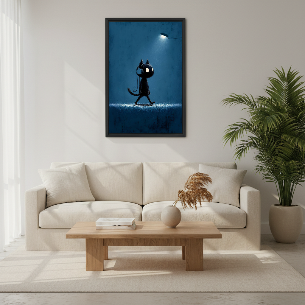 Black cat with headphones dark moody wall art in black frame above cream sofa – glowing streetlight night walk illustration in teal blue Scandinavian living room
