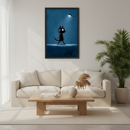 Black cat with headphones dark moody wall art in black frame above cream sofa – glowing streetlight night walk illustration in teal blue Scandinavian living room