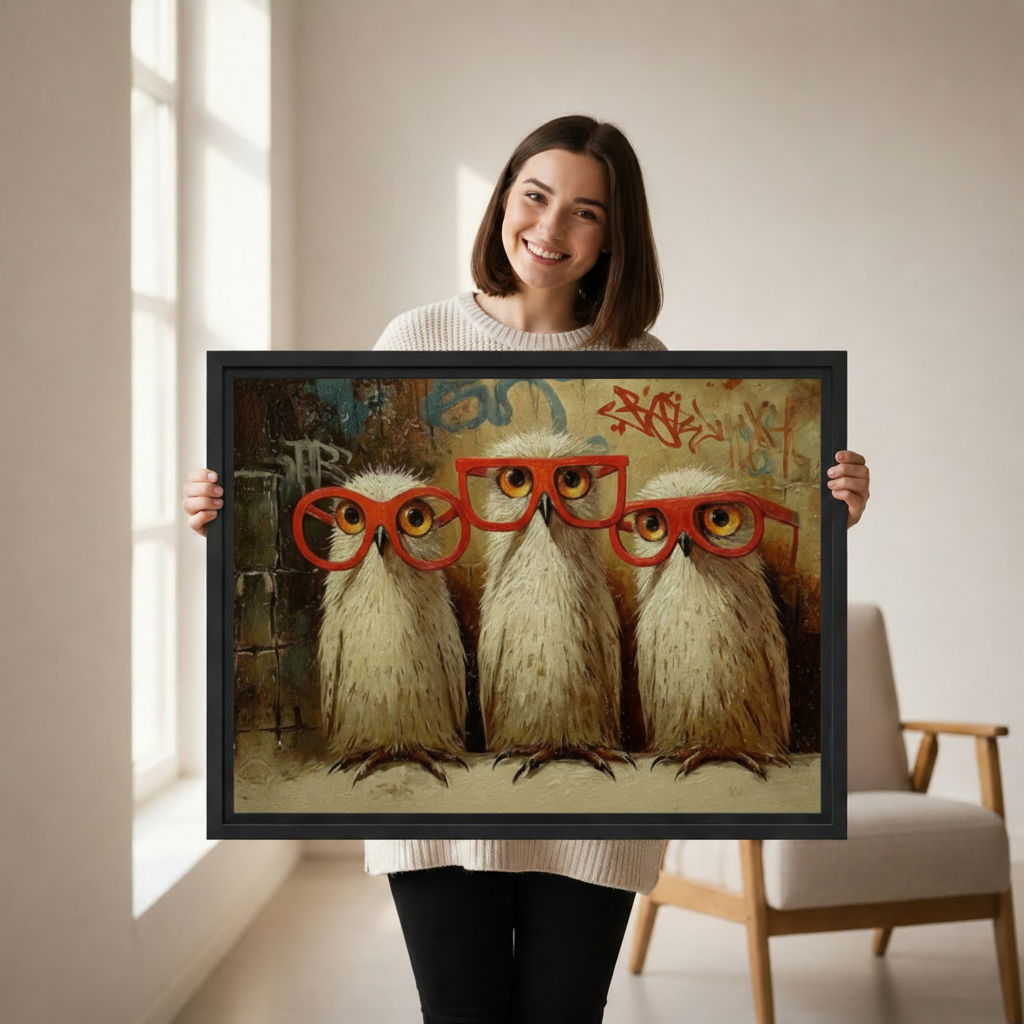 Woman holding large framed funny owl canvas print, three owls with red glasses graffiti wall art, size reference photo