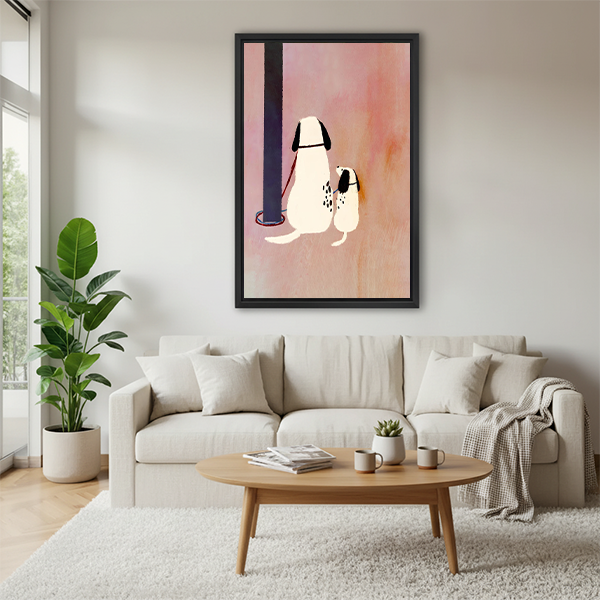 Dalmatian dog and puppy minimalist pink framed canvas wall art above cream sofa in bright Scandinavian living room with round coffee table
