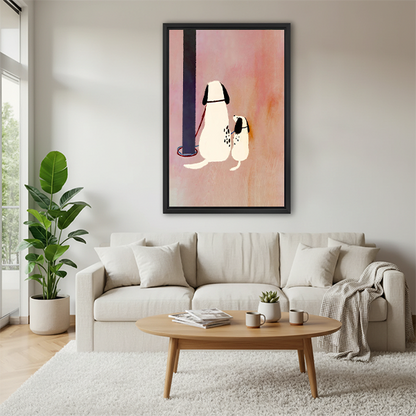 Dalmatian dog and puppy minimalist pink framed canvas wall art above cream sofa in bright Scandinavian living room with round coffee table