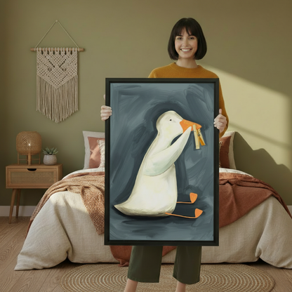 White Goose Clothespin Framed Wall Decor – Quirky Modern Art Print for Cat and Animal Lovers