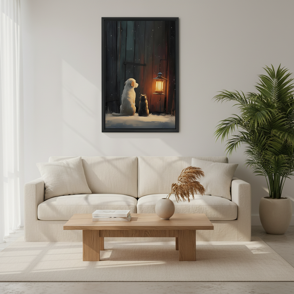 Dog and cat by lantern snowy night framed wall art hung above cream sofa with wooden coffee table and palm plant in Scandinavian living room