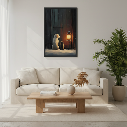 Dog and cat by lantern snowy night framed wall art hung above cream sofa with wooden coffee table and palm plant in Scandinavian living room