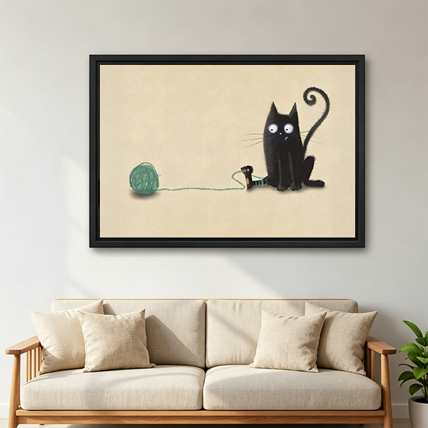 Cute black cat framed canvas wall art above sofa – minimalist whimsical print for living room decor