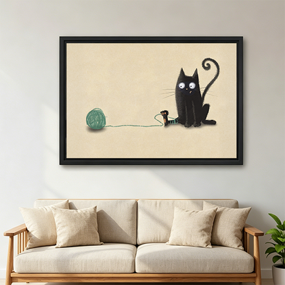 Cute black cat framed canvas wall art above sofa – minimalist whimsical print for living room decor