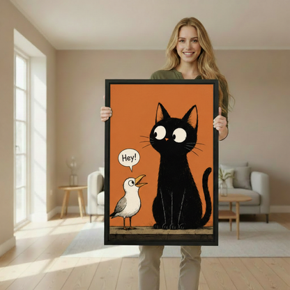 Black Cat and Seagull Retro Cartoon Framed Print Held for Size – Funny Orange Cat Wall Art Reference
	