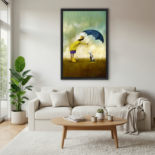 Two dogs love framed wall art print displayed above a white sofa in a cozy Scandinavian living room