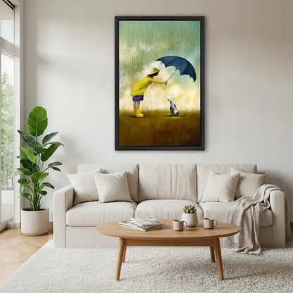 Two dogs love framed wall art print displayed above a white sofa in a cozy Scandinavian living room