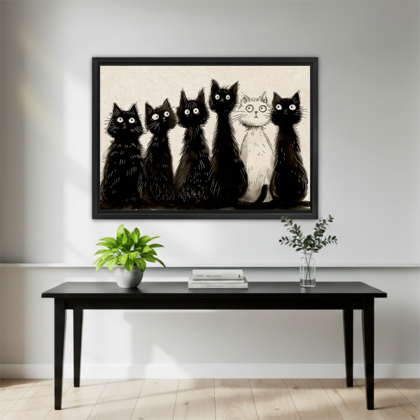 Quirky black white cats minimalist wall art print above black console table in modern living room