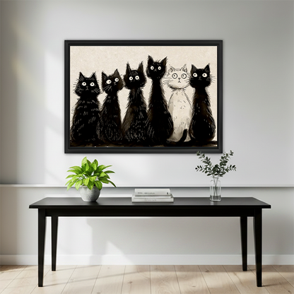 Quirky black white cats minimalist wall art print above black console table in modern living room